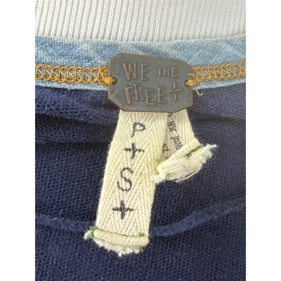 Free People Blue Slouchy Exposed Stitch Embellished Henley Top | Boho Grunge S - Picture 16 of 16